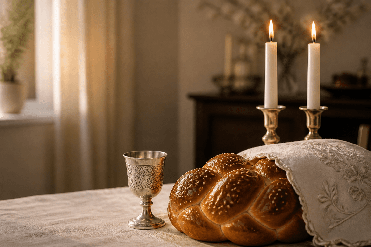 A warmly prepared Shabbos table with two lit candles, challah, and a Kiddush cup